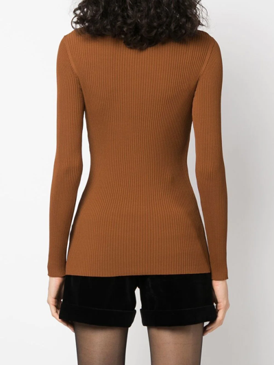 Shop Saint Laurent Ribbed-knit V-neck Jumper In Brown