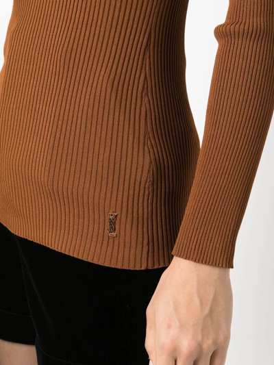 Shop Saint Laurent Ribbed-knit V-neck Jumper In Brown