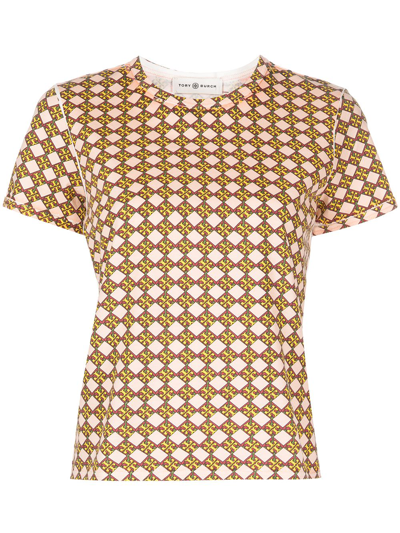 Shop Tory Burch Logo-check Cotton T-shirt In Orange