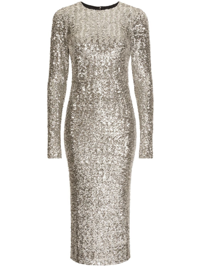 Dolce & Gabbana Silver Sequinned Long Sleeve Midi Dress In Silver