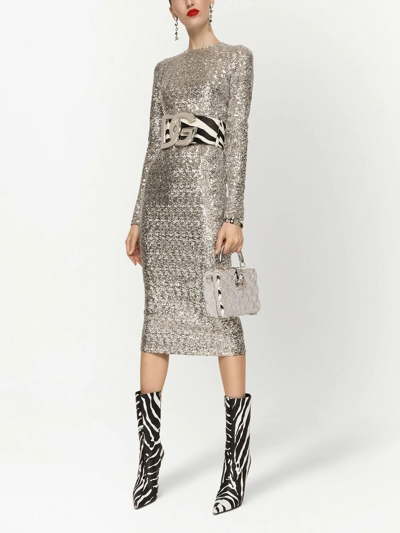 Dolce & Gabbana Silver Sequinned Long Sleeve Midi Dress In Silver