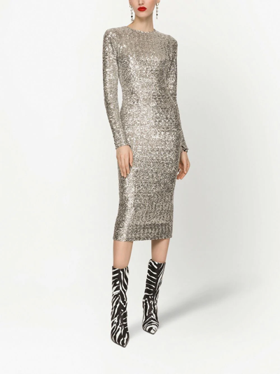 Dolce & Gabbana Silver Sequinned Long Sleeve Midi Dress In Silver