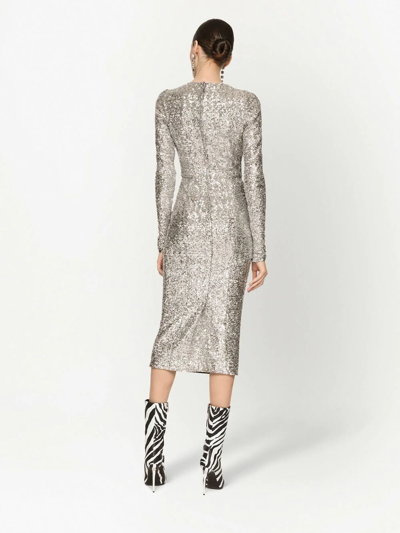 Dolce & Gabbana Silver Sequinned Long Sleeve Midi Dress In Silver