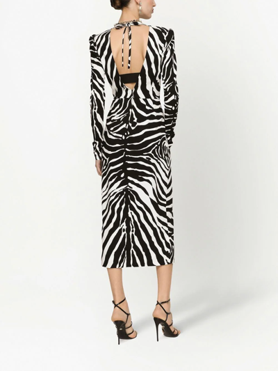 Dolce & Gabbana Ruched Zebra-print Crepe Midi Dress In Black