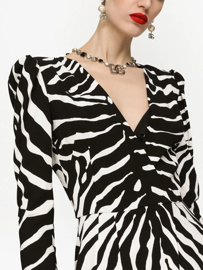 Dolce & Gabbana Ruched Zebra-print Crepe Midi Dress In Black