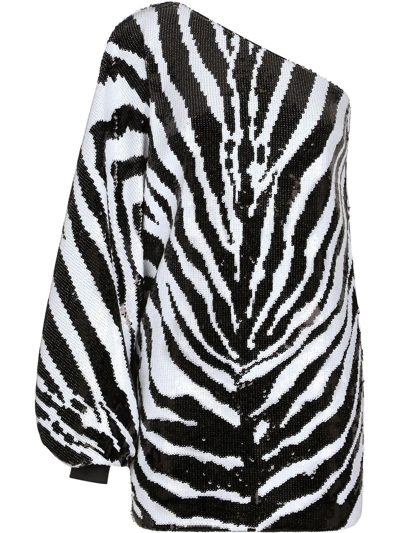 Dolce & Gabbana Zebra Sequin One-shoulder Mini Dress In Black