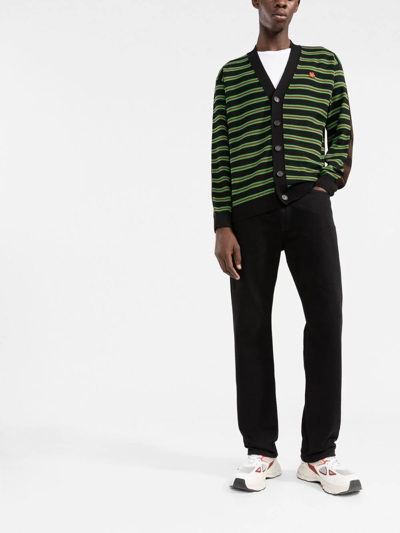 Shop Kenzo Flower-embroidered Striped Cardigan In Black