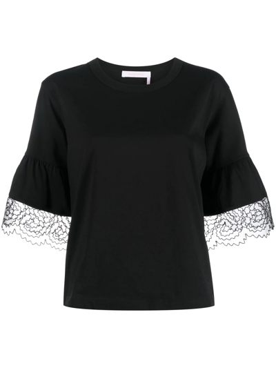 Shop See By Chloé Lace-trim Cotton T-shirt In Black