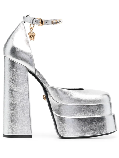 Shop Versace Medusa Aevitas 150mm Double Platform Pumps In Silver