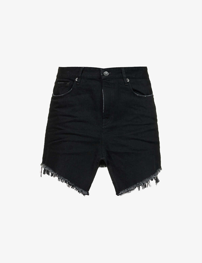 Shop Balenciaga Distressed Brand-patch Denim Mini Skirt In Rubber Black