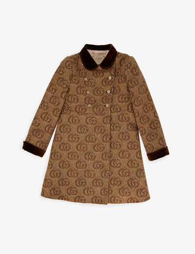 Shop Gucci Look Monogram-embroidered Wool-blend Coat 6 Years In Brown