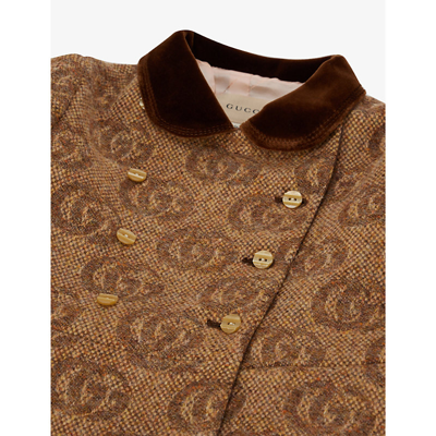 Shop Gucci Look Monogram-embroidered Wool-blend Coat 6 Years In Brown