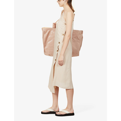 Shop Acne Studios Danika Pinstriped Asymmetric Woven Midi Shirt Dress In Beige Brown