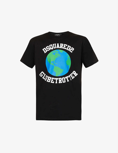 Shop Dsquared2 Globetrotter Graphic-print Cotton-jersey T-shirt In Black