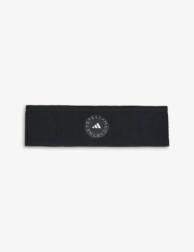 Shop Adidas By Stella Mccartney Logo-print Stretch-recycled-nylon And Polyester Headband In Black Black Shock Yellow