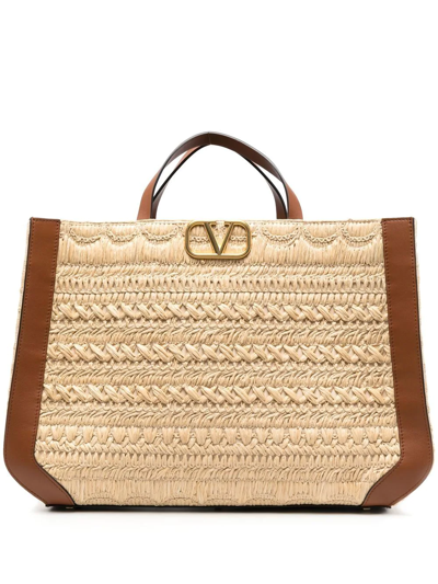 Shop Valentino Vlogo Signature Embroidered Raffia Tote Bag In Neutrals