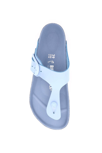 Shop Birkenstock Big Buckle Gizeh Mules In Shine Dusty Blue (light Blue)