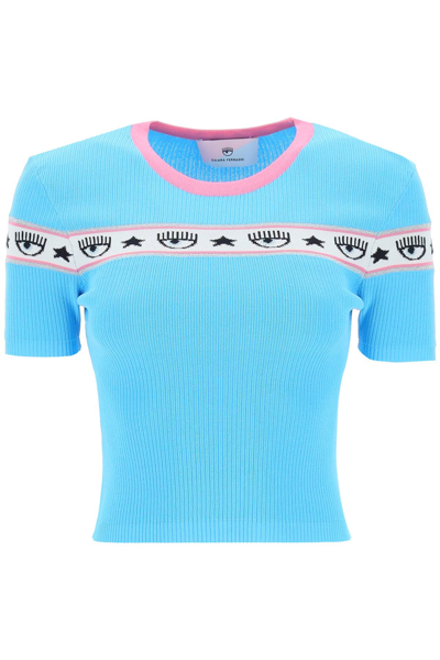 Shop Chiara Ferragni Eyelike Cropped Sweater In Acquarius (blue)