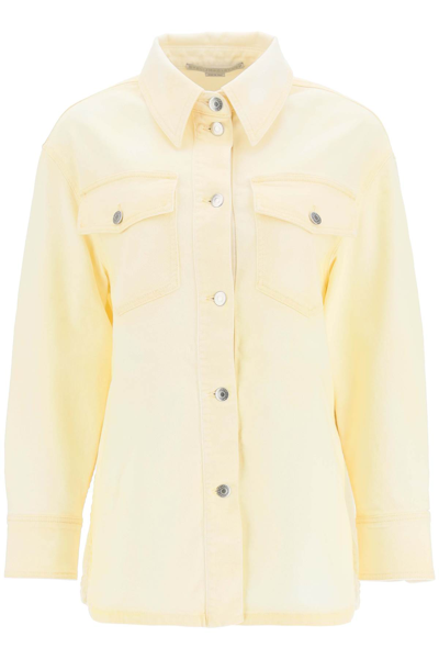 Shop Stella Mccartney Denim Overshirt With Logo In Sand Yellow (yellow)