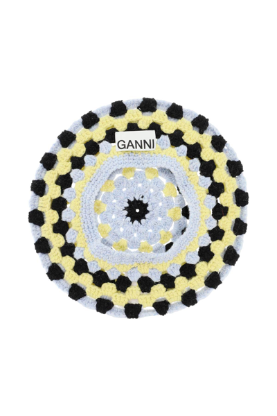 Shop Ganni Crochet Beret In Black Multi (light Blue)