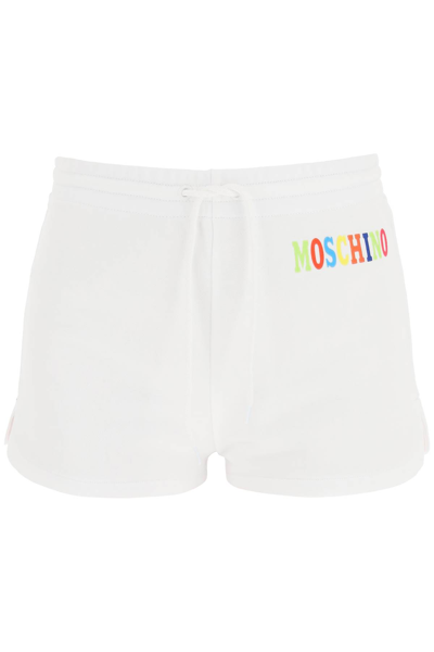 Shop Moschino Sweatshorts With Multicolor Logo In Fantasia Bianco (white)
