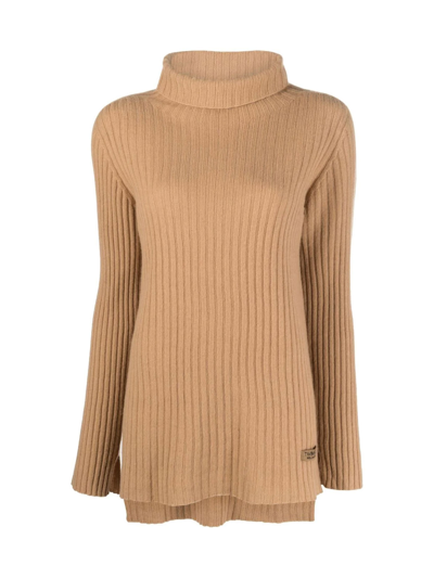 Shop Twinset Seamless Ribbed Turtle Neck In Dune