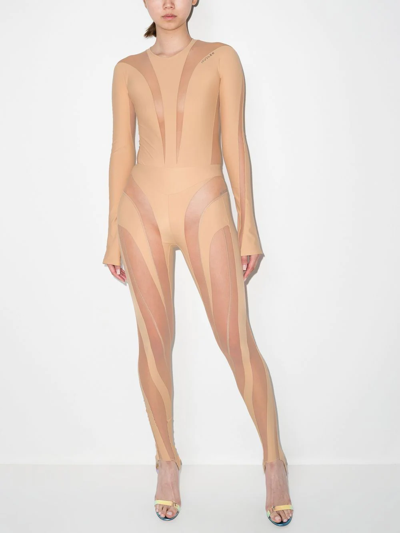 Mugler Panelled Long-sleeve Sheer Bodysuit In Nude
