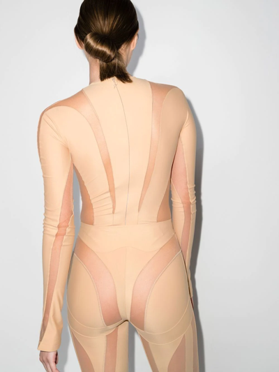 Mugler Panelled Long-sleeve Sheer Bodysuit In Nude