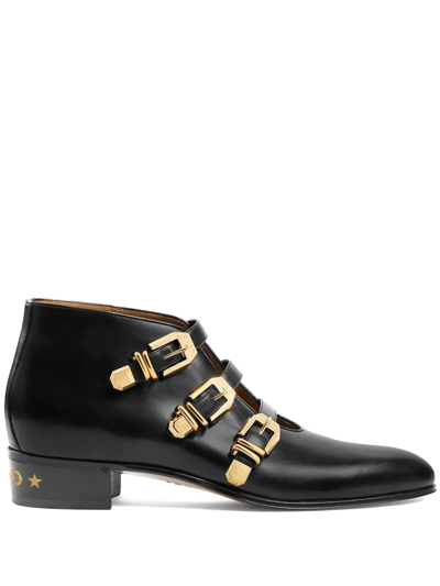 Shop Gucci Buckled Leather Ankle Boots In Schwarz