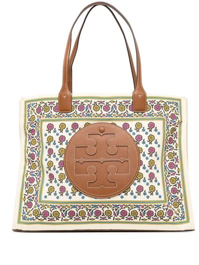 Tory Burch Ella Logo Flower-print Tote Bag In Ivory Floral Dais