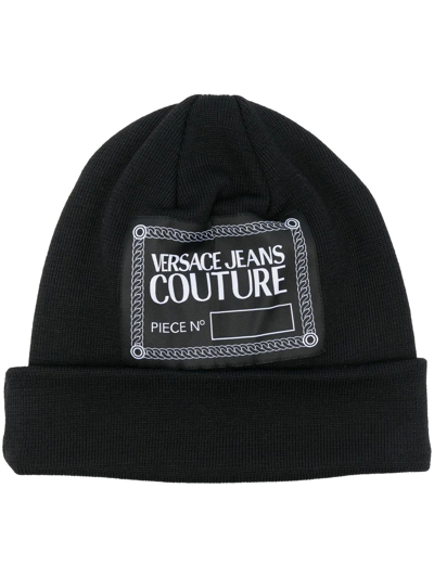 Shop Versace Jeans Couture Logo-patch Wool-blend Beanie In Schwarz