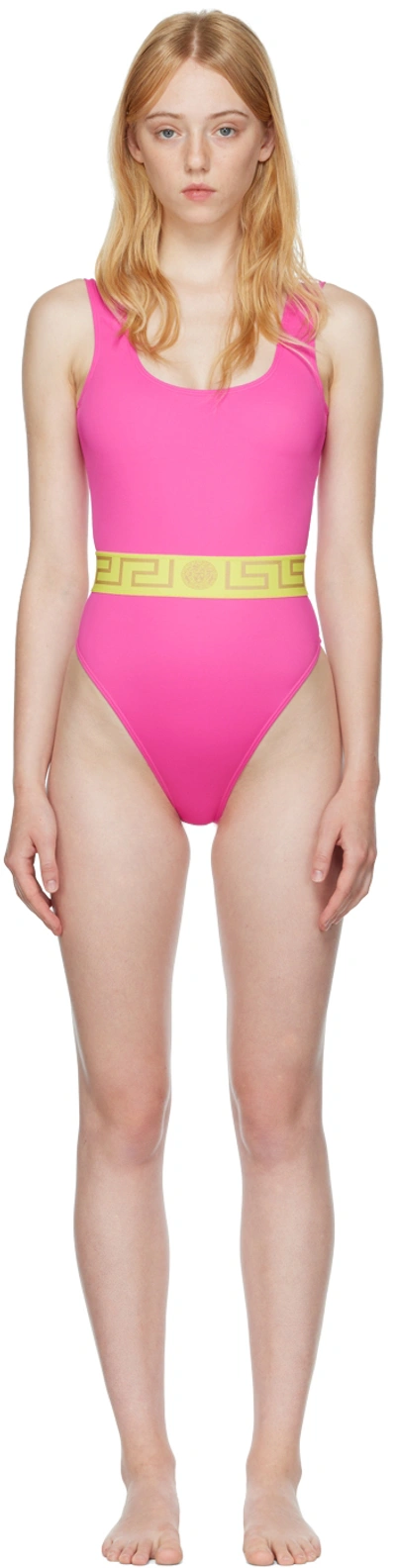 Shop Versace Pink Greca One-piece Swimsuit In 2pa50 Fuxia+yellow