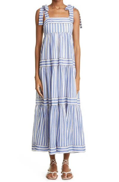 Shop Zimmermann Pattie Tie Shoulder Cotton Maxi Dress In Blue Stripe