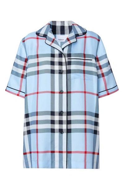 Shop Burberry Tierney Check Silk Camp Shirt In Pale Blue Ip Check