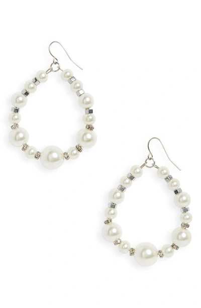 Cristabelle Crystal & Imitation Pearl Open Hoop Drop Earrings In Pearl