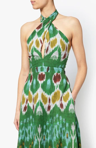 Shop Erdem Selene Ikat Print Cotton & Linen Midi Dress In Green