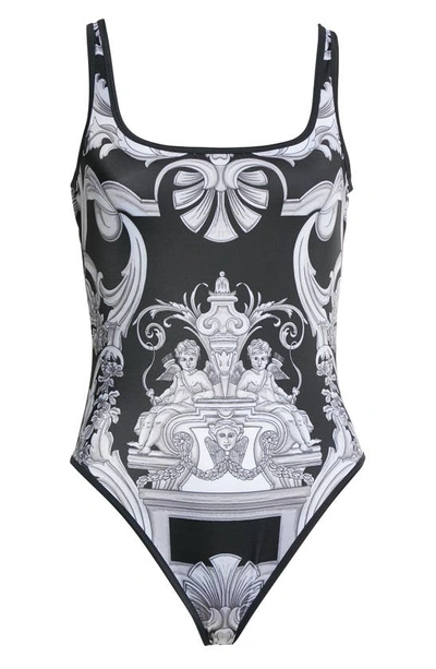 Shop Versace Baroque Print One-piece Swimsuit In Black White