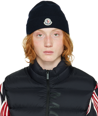 Shop Moncler Navy Virgin Wool Beanie In 742 Navy