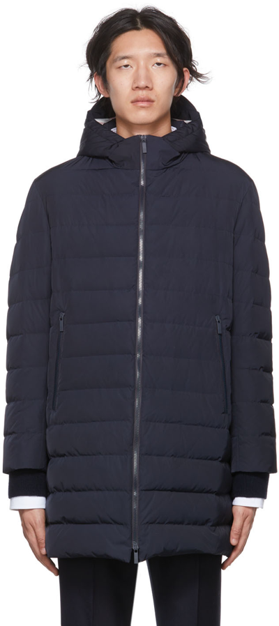 Shop Thom Browne Navy Down Back Stripe Ski Coat In 415 Navy