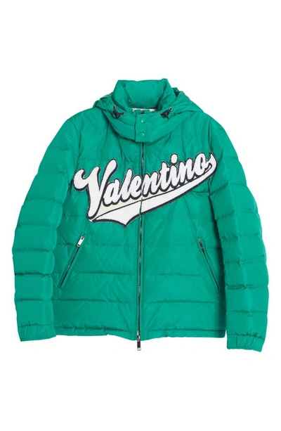 Shop Valentino Bouclé Logo Quilted Down Jacket In Verde