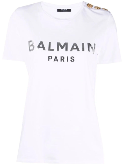 Shop Balmain Silver Logo Print White T-shirt