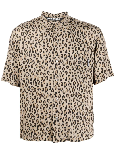 Shop Palm Angels Leopard-print Short-sleeve Shirt In Brown
