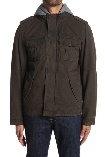 Shop Levi's® Washed Cotton Faux Shearling Lined Hooded Military Jacket In Worker Brown