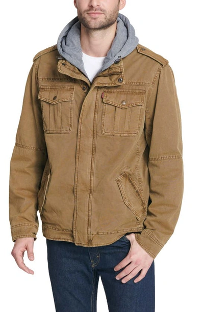 Shop Levi's® Washed Cotton Faux Shearling Lined Hooded Military Jacket In Khaki