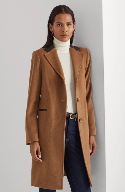 Shop Lauren Ralph Lauren Faux Leather Trim Wool Blend Coat In New Vicuna