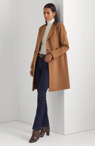 Shop Lauren Ralph Lauren Faux Leather Trim Wool Blend Coat In New Vicuna