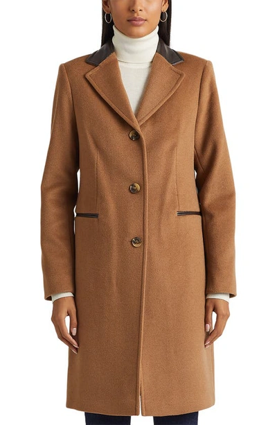 Lauren Ralph Lauren Faux Leather Trim Wool Blend Coat In New Vicuna |  ModeSens