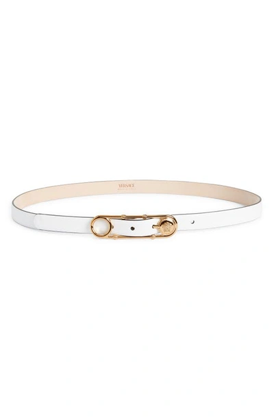 Shop Versace Safety Pin Leather Belt In Optical White- Gold