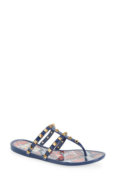 Valentino Garavani Rockstud Printed-footbed Thong Sandals In Blue | ModeSens