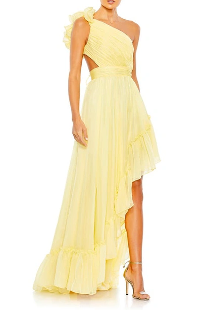 Shop Mac Duggal One-shoulder Ruffle Asymmetric Gown In Butter